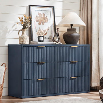 Fluted 6 Drawers Dresser, 48" Wide Modern Chest of Drawers with Wood Grain Top, Curved Profile Design, Dresser TV