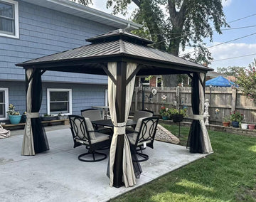 10’ X 10’ Outdoor Hardtop Gazebo Metal Frame Galvanized Steel Double Roof with Curtains and Nettings for Patio Desk