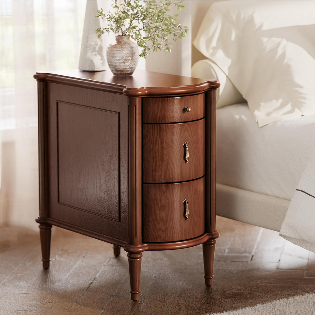 Nightstand w/Charging Station & 3 Drawers, Pre-Assembled, Vintage Side Table w/Antique-Finished Pulls, Rustic Wood
