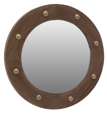 10.5" Round Nautical Porthole Mirror, 100% Solid Teak Wood, Brass Studs, Perfect for Your Boat or Home Décor