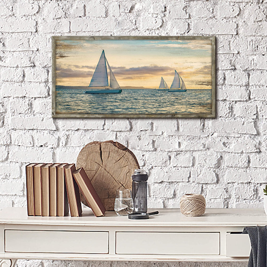 Coastal Framed Wooden Wall Art: Ocean Painting Art Sail Boats Artwork Decor Sunset Seascape Picture Prints 24"x12"