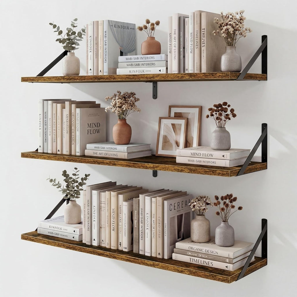 Floating Shelves for Wall, 36 Inches Long Set of 3 Wall Shelves , Floating Bookshelves with Metal Brackets  and