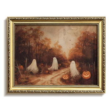 Vintage Gold Framed Halloween Wall Art, Cute Ghost Fall Wall Decor, Spooky Gothic Ghost Pumpkin Canvas Print, Autumn