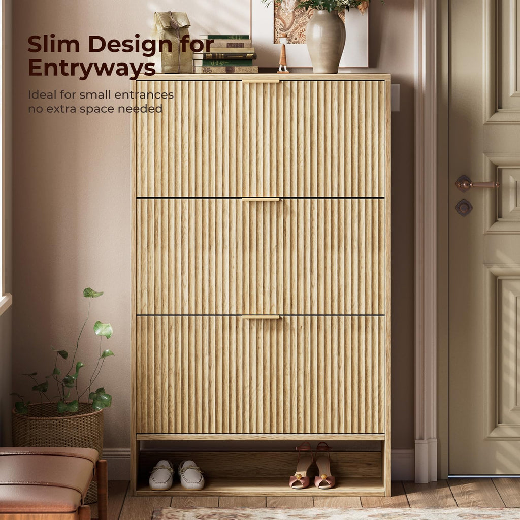 31.5''W Oak Shoe Cabinet Storage, Fluted Slim Shoe Dresser with 3 Flip Drawers, Narrow Shoe Rack Cabinet, Hidden