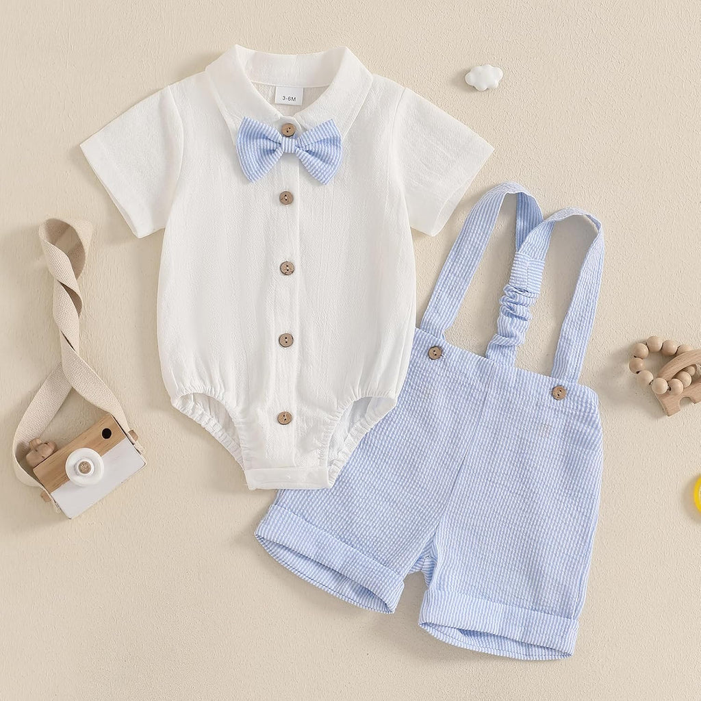 Newbron Baby Boy Summer Outfit Cotton Linen Button Short Sleeve Bowtie Shirt Romper Suspender Shorts Set