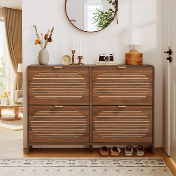 47" Large Shoe Storage Cabinet with 4 Flip Drawer Arched Fluted Pattern, Farmhouse Hidden Narrow Curved Corner Shoe