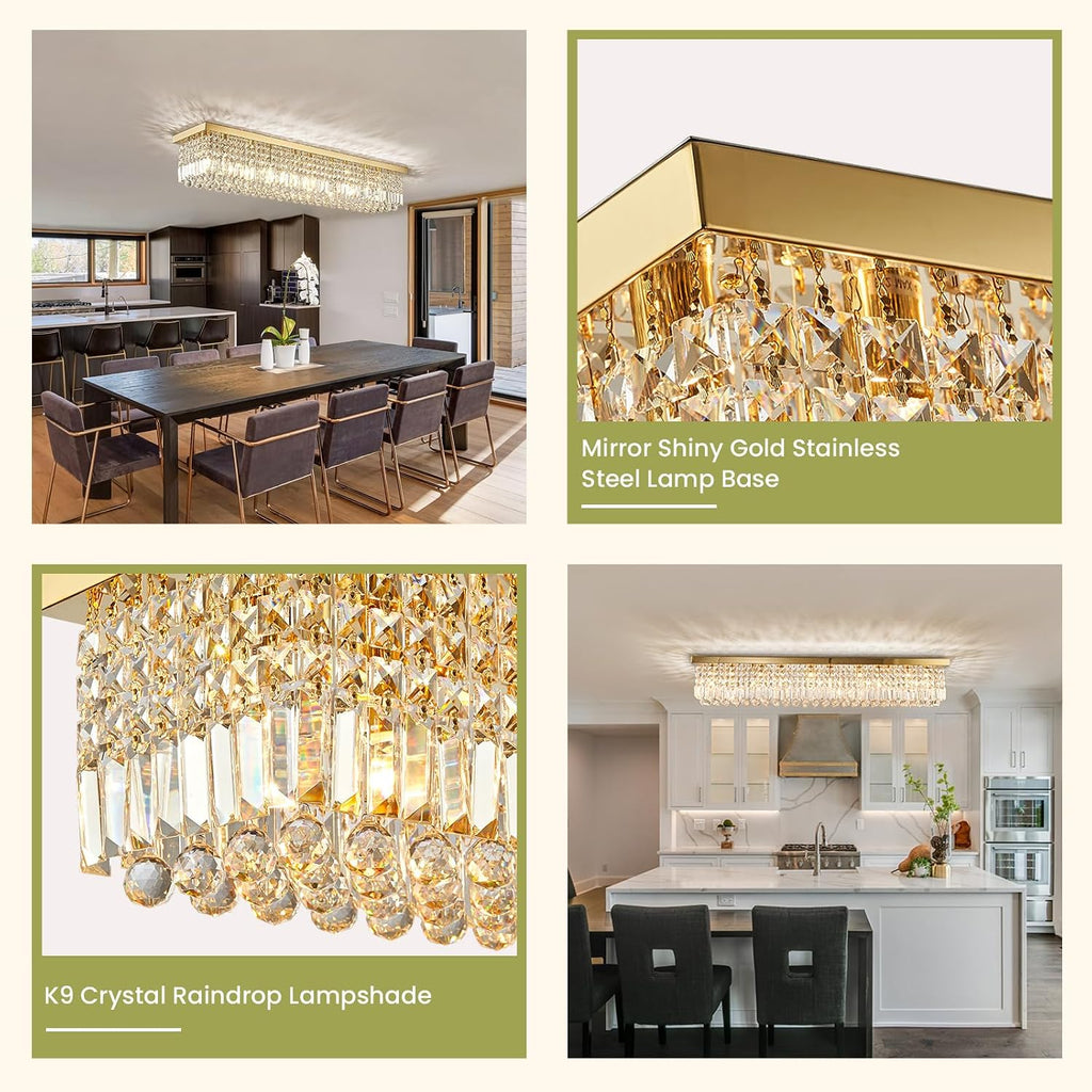 10-Light Modern Crystal Chandelier, Luxury Gold Rectangular Flush Mount Ceiling Light, Large Rectangle Raindrop