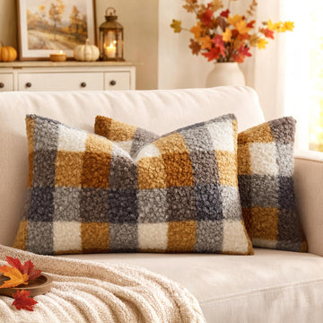Fall Plaid Pillow Covers Boucle Yellow Blue 12x20 Set of 2 Lumbar