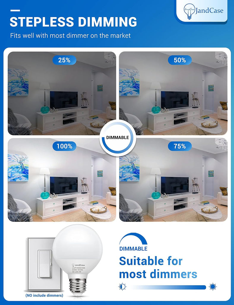 G25 LED Vanity Light Bulbs, Dimmable Globe, 5W(60W Equivalent), E26 Base, CRI 80, Daylight White 5000K, 500LM, UL