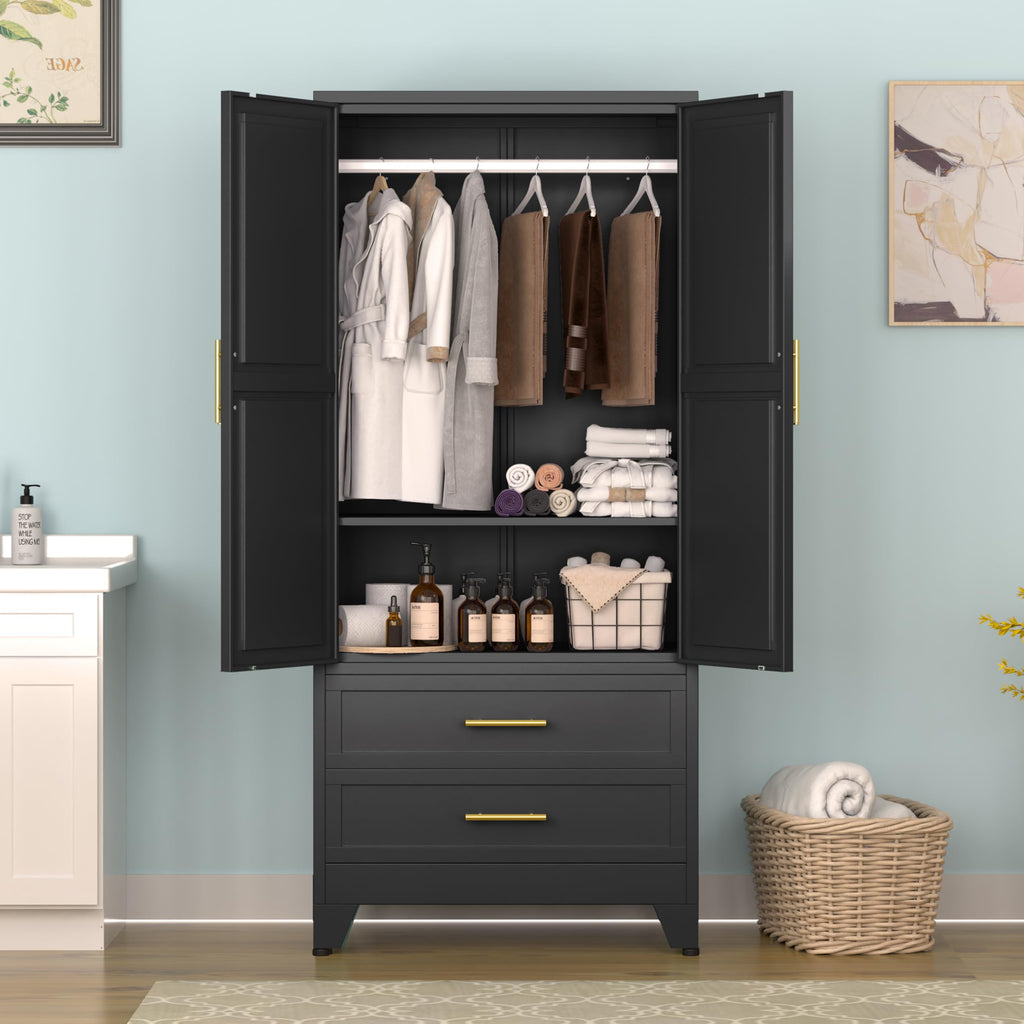 71" H Metal Armoire Wardrobe Closet with 2 Drawers, Adjustable Shelve, Clothes Drying Pole, Steel Wardrobe Cabinet