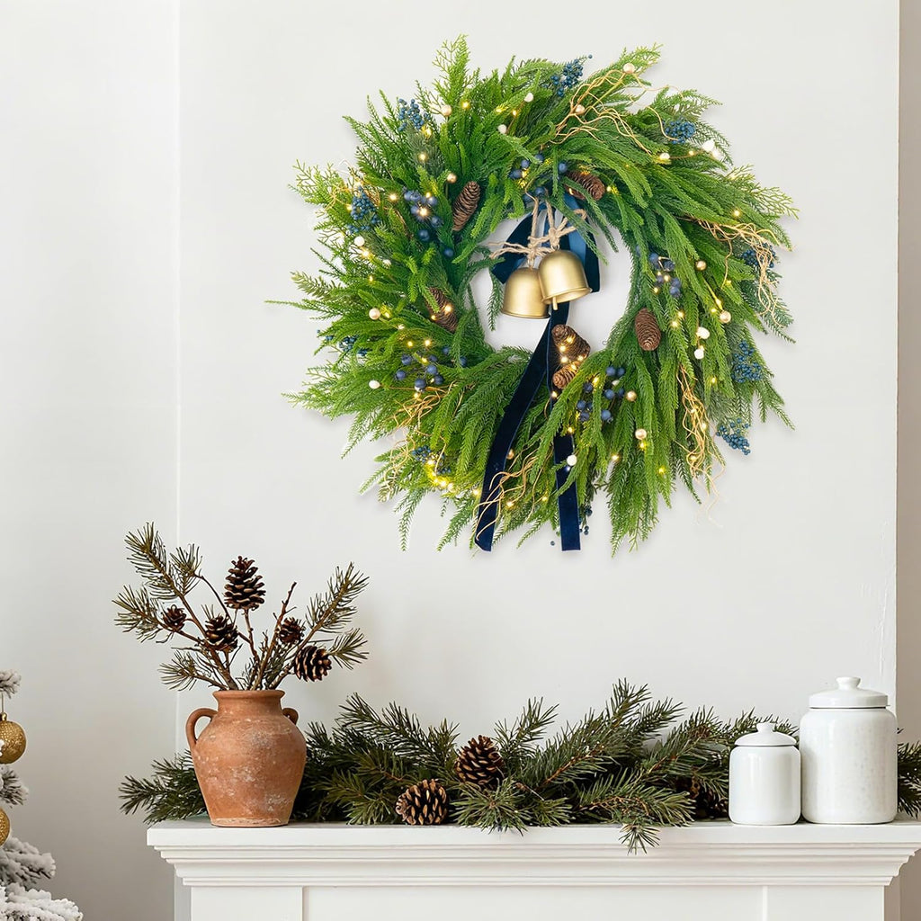 24 Inch Pre-Lit Norfolk Pine Christmas Wreath for Front Door, Artificial Plants Green Christmas Wreath with Lights