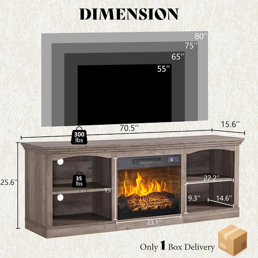 70 Inch Fireplace TV Stand for TVs up to 80", Farmhouse Entertainment Center with 23" Electric Fireplace One-Box