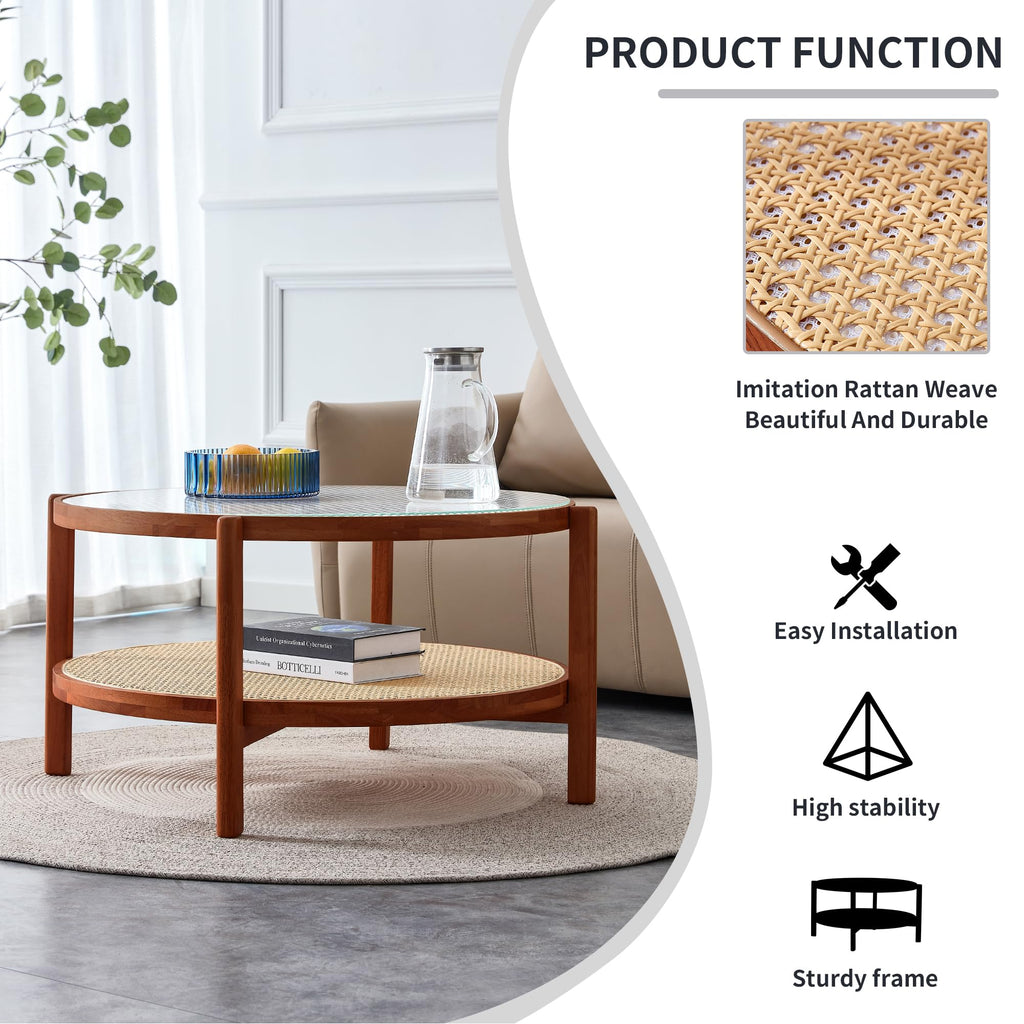 Modern Imitation Rattan Round Coffee Table Round 2-Tier Solid Wood Glass Table Top Sofa Side Tea Table Bedroom Office