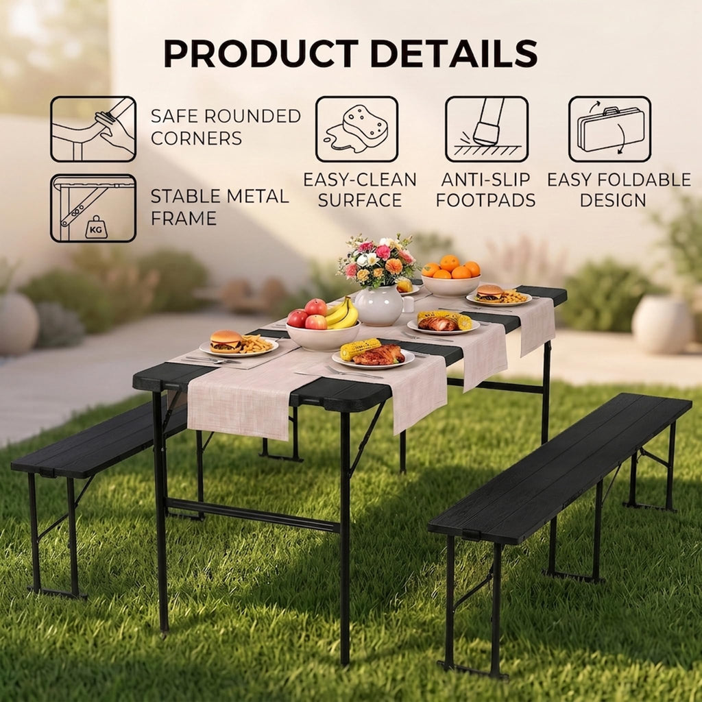 Folding Table Set with 2 Benches, 5.8 FT Camping Picnic Table Set, Outdoor Indoor Portable Furniture for Working