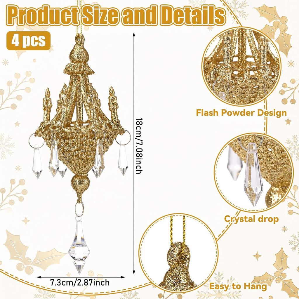 4 Pcs Gold Chandelier Ornaments Crystal Hanging Christmas Tree