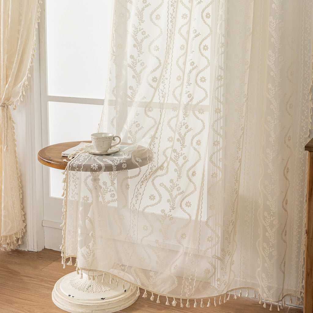 Boho Lace Curtains 2 Panels 84 Inches -Cute Vintage Victorian Sheer Panel Drape French Country Floral Pattern &