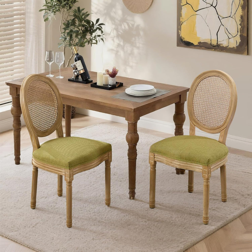 French Country Dining Chairs Set of 2, Farmhouse Rattan Dining Chairs with Round Back and Wood Legs for Kitchen or Bedroom, Olive Green