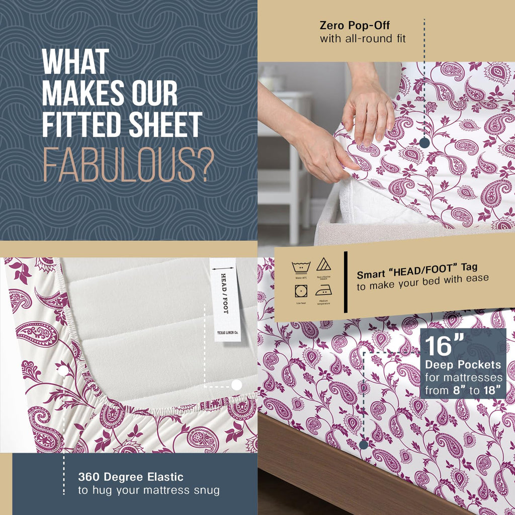 400 Thread Count King Size Sheets Set Sateen, Paisley