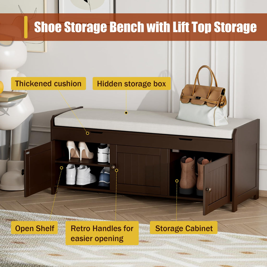 41.3" Shoe Bench with Lift Top Storage, Entryway Bench with Cushioned Seat, Wooden End of Bed Bench, Shoe Cabinet