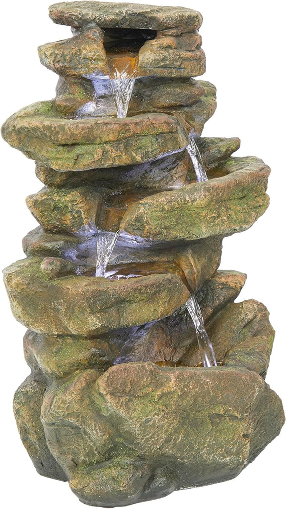 20" H Outdoor Multi-Level Rock Floor Fountain with LED Lights, Brown