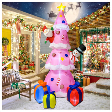 9FT Inflatable Christmas Tree, Pink Christmas Tree with Santa Claus & Snowman, Gift Box, Christmas Inflatable Blow Up