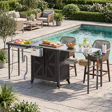 3-in-1 Outdoor Grill Cart with Sink & Faucet, Stainless Steel Top Outdoor Kitchen Island, Prep Table with Foldable