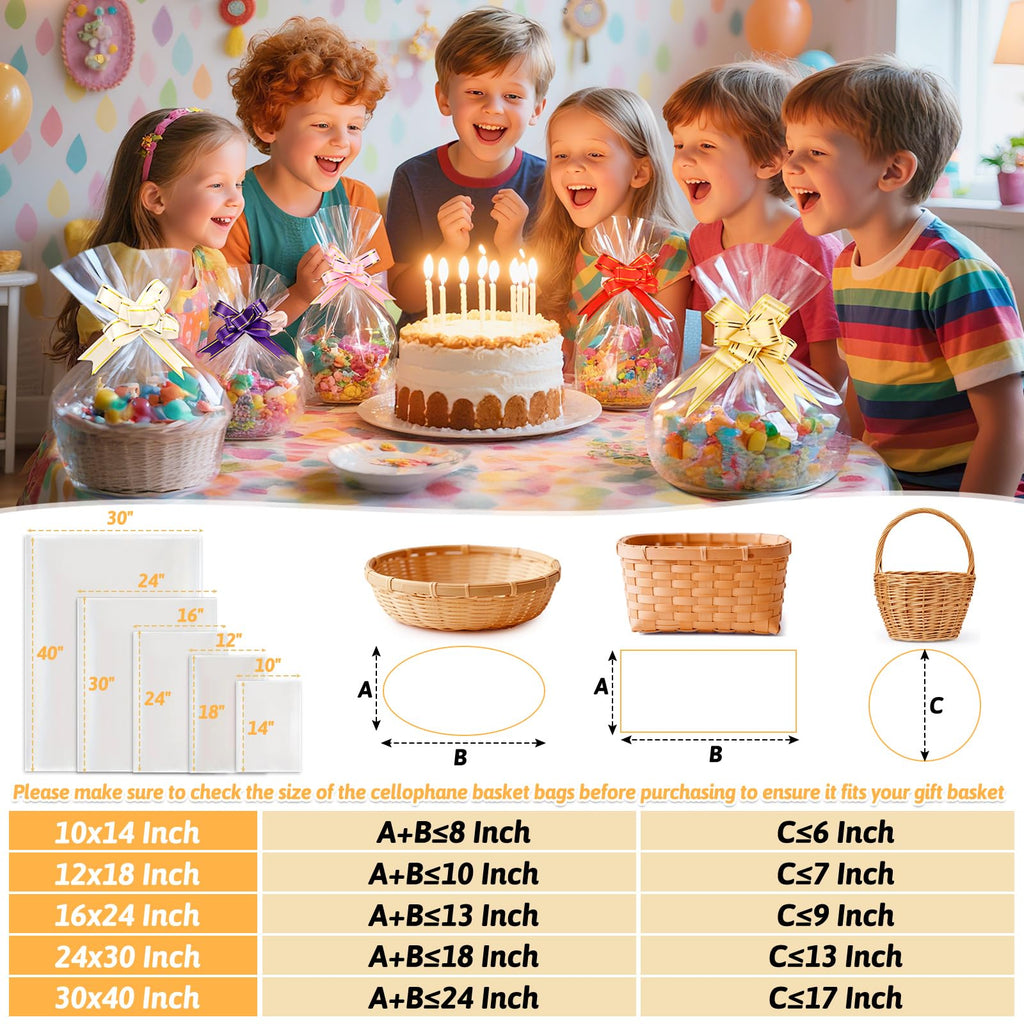 75PCS Clear Cellophane Bag for Gift Baskets 5 Sizes with Pull Bows