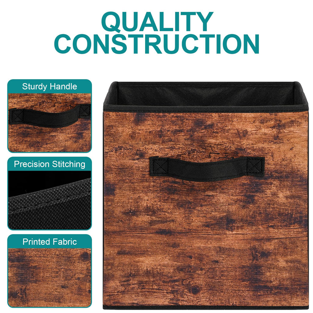 Fabric Storage Cubes, 6 Pack Foldable Storage Bins with Handle, 11 Inch Box for Shelves, Closet, Organizer, Rustic