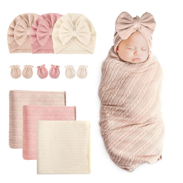 Newborn Receiving Blanket Hat Mittens Set for Baby, Unisex Baby Boys Girls Essentials, Newborn Registry Must Haves