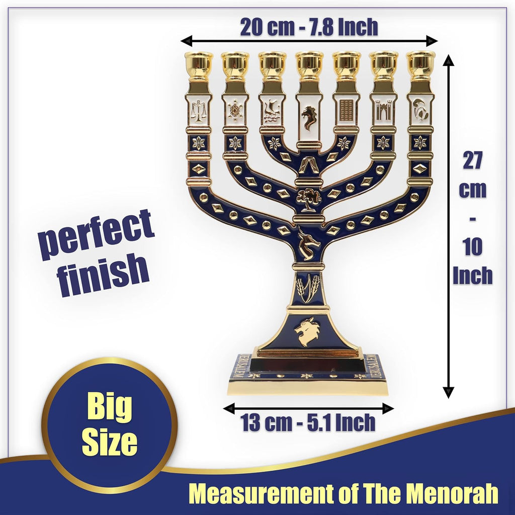 Jerusalem Blue Enamel 7 Branch 10.8" high, with 12 Tribes of Israel, Candlestick Candle Holders (10.8 inch) - Set of 11