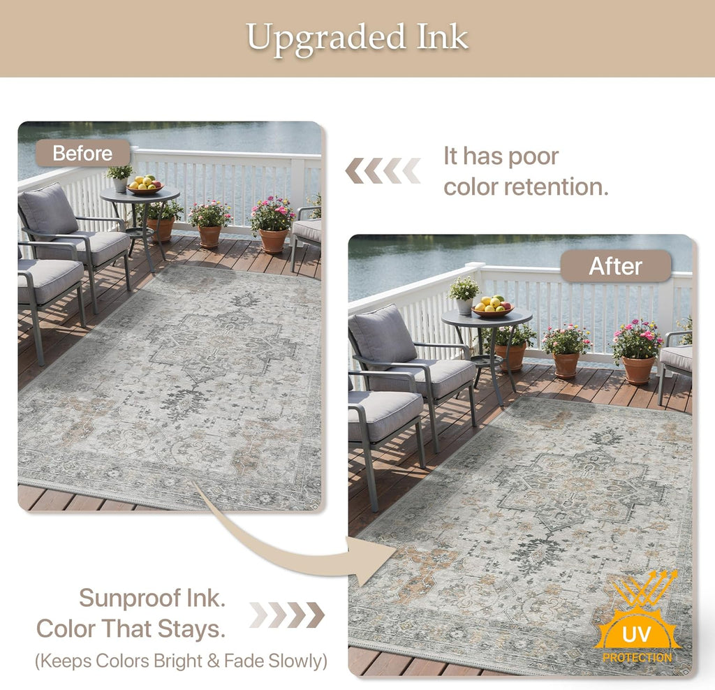 Outdoor & Indoor Area Rug 8'x10', Waterproof, Non-Shedding, Easy Cleaning, Boho Mat for Patio, Livin