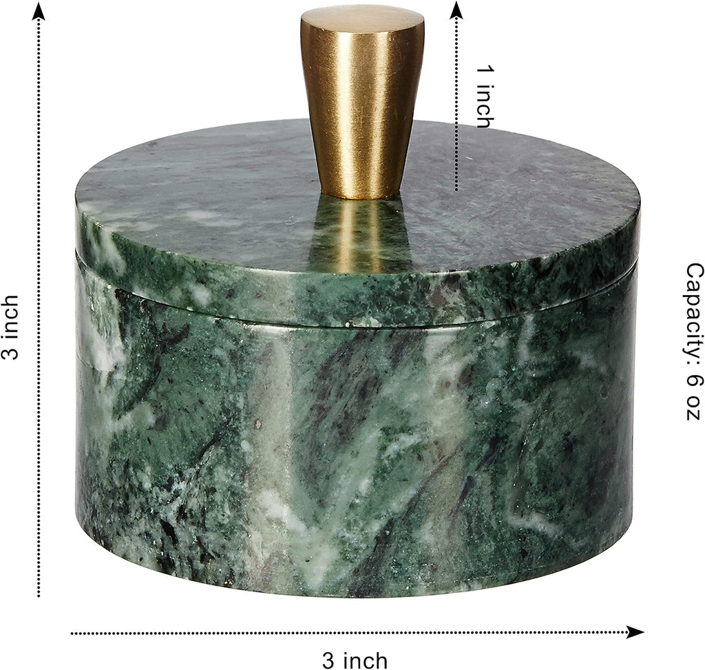 Green Marble Salt Cellar with Lid & Brass Knob - Natural Stone Spice Container Countertop, Gourmet Salt Holder