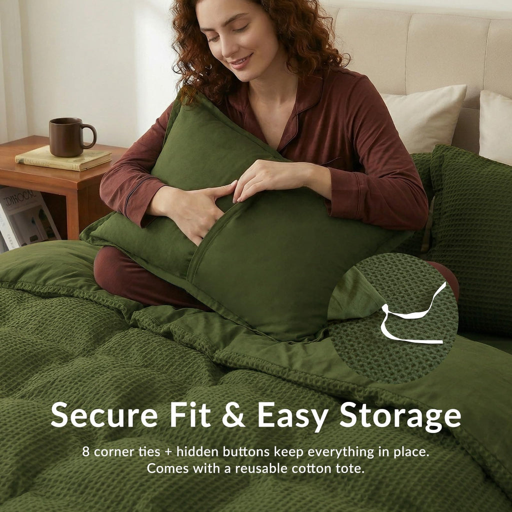 100% Cotton Waffle Weave Duvet Cover Set, 104"x98", Olive Green