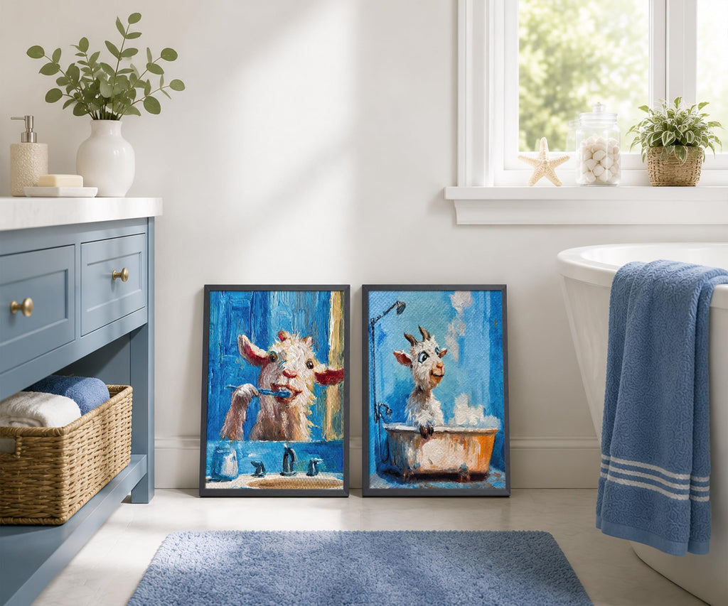Funny Goat Bathroom Wall Art, Framed Canvas Set of 2, 12x16 in