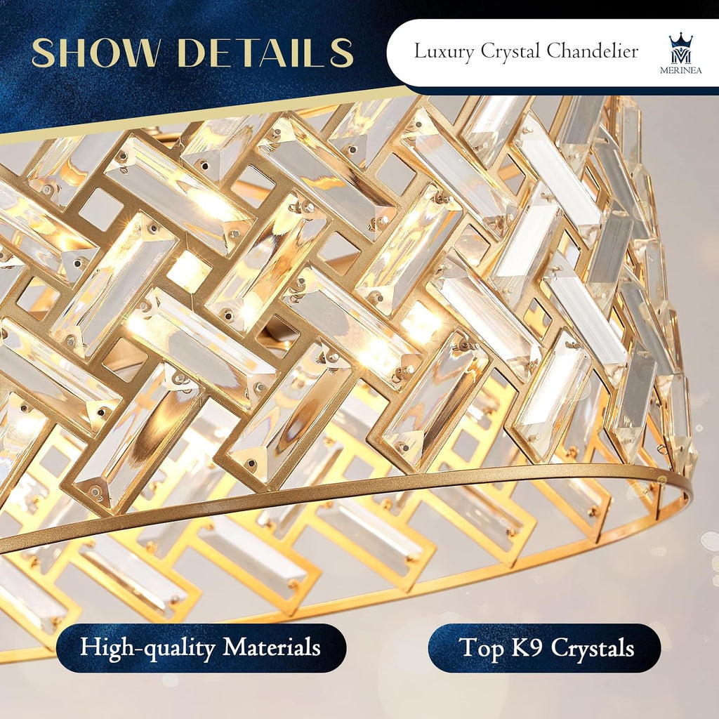 Gold Crystal Chandelier, 18" Modern Drum Ceiling Light Fixture, Luxury 6-Light K9 Crystal Pendant Lighting