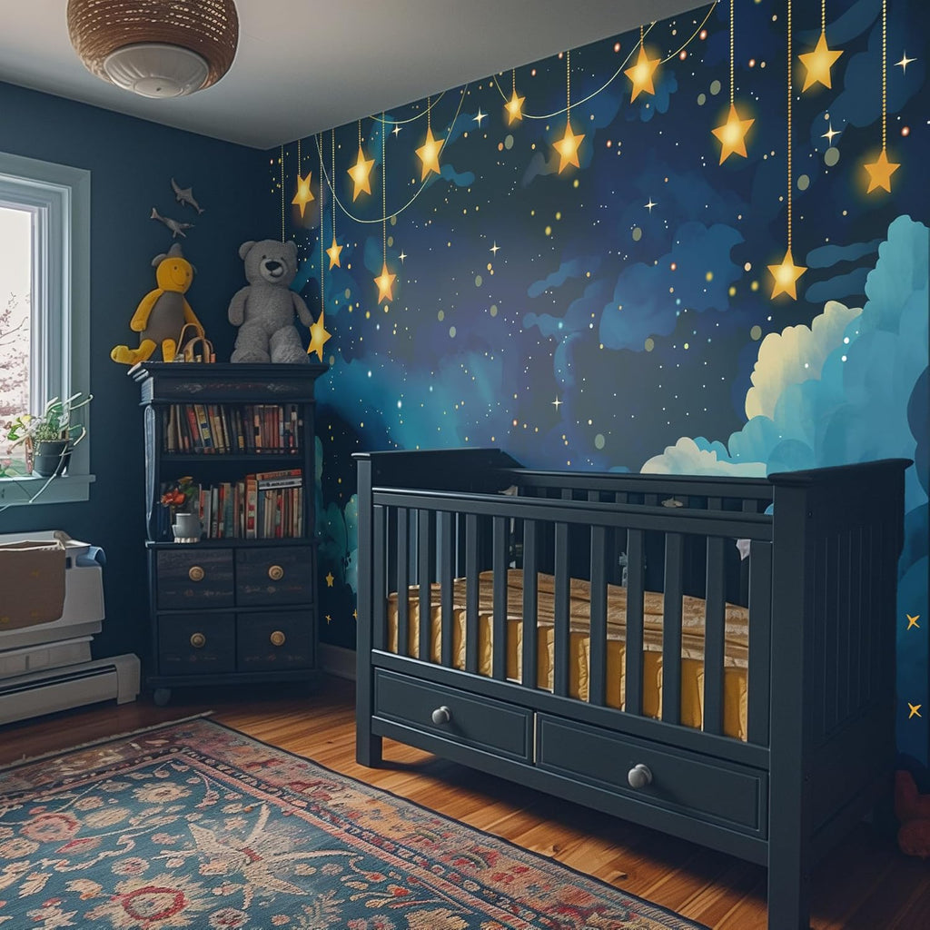 Starry Sky Peel and Stick Wallpaper Mural, Night Celestial Blue | Seamless edge-to-edge match for easy DIY. Starry