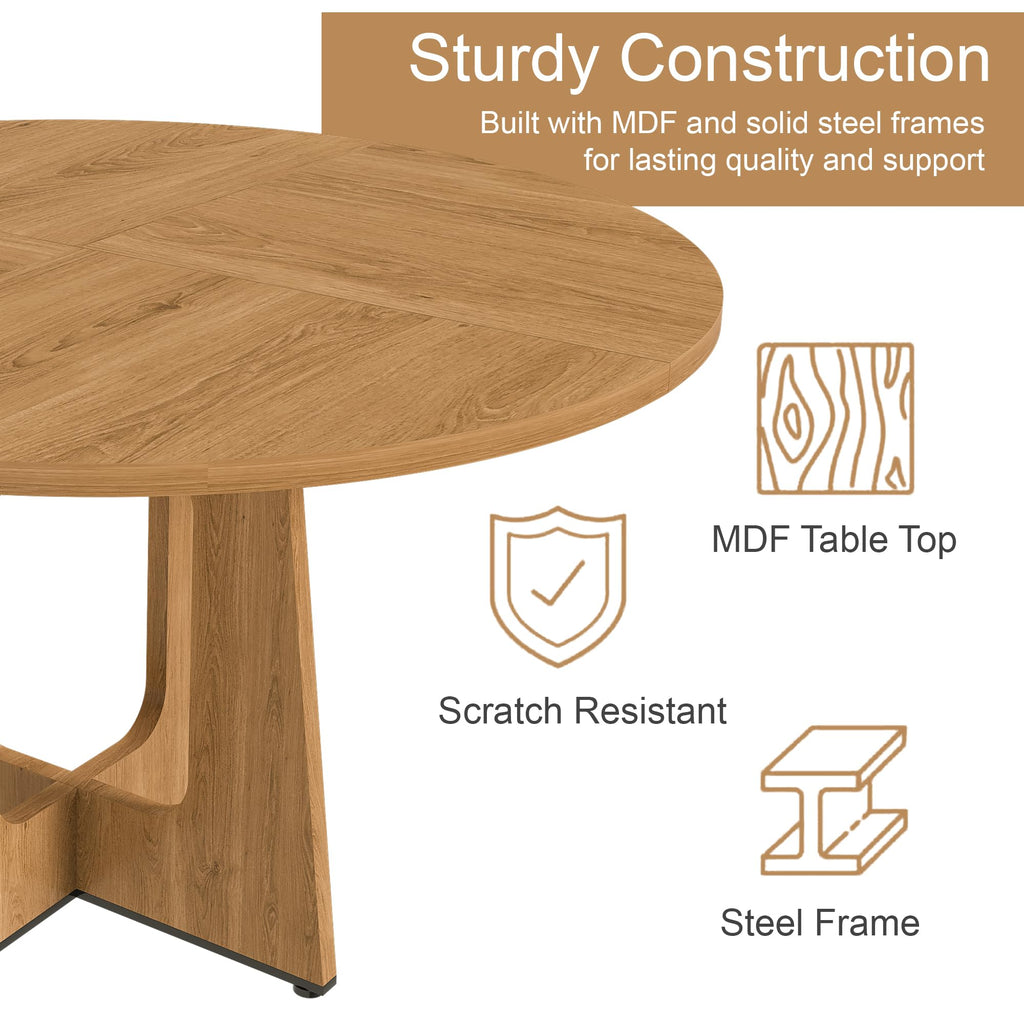 Modern 5-Piece Dining Table Set with 4 Chairs, Oak Round MDF Dining Table, Beige Fabric Upholstered Chairs with