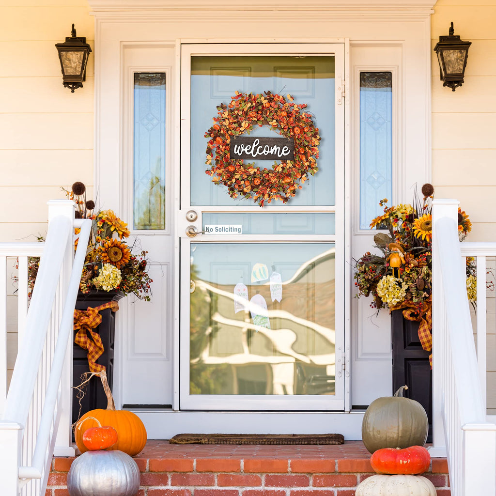 Fall Wreath 20'' Autumn Front Door Harvest with Small Pumpkin Berry Round Leaves Decorations for Outside Indoor Wall