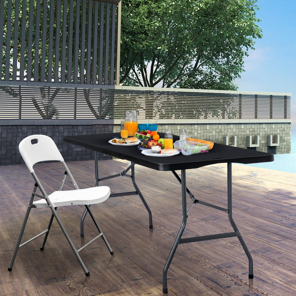Folding Table 6ft, Heavy Duty Plastic Fold-in-Half Utility Table, Black