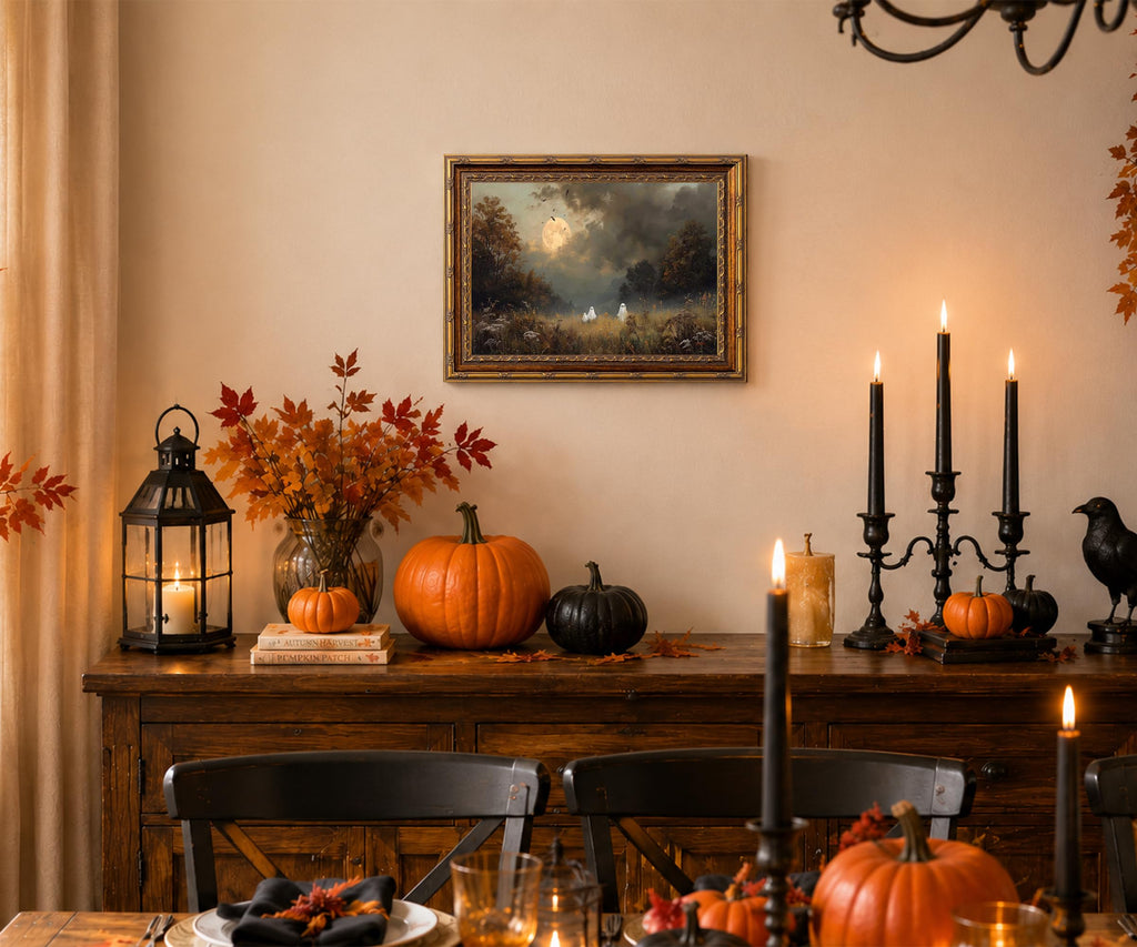 Vintage Gold Framed Halloween Ghost Wall Art, Gothic Ghost Meadow Canvas