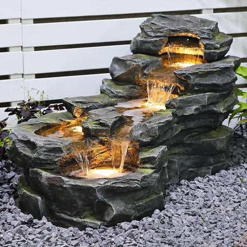 37" L Garden Outdoor Water Fountain, Floor Standing 5-Tiers Rock Natural Waterfall Outdoor Fountains with LED Lights