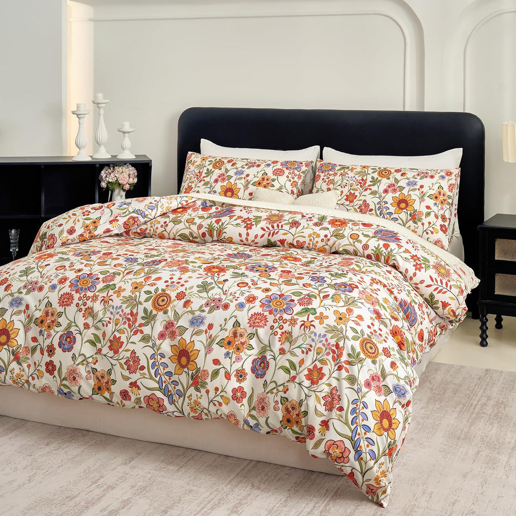 Floral Duvet Cover Set Queen Size 100% Percale Cotton Boho Comforter Cover with Zipper, Soft Breathable, 3Pcs-Not
