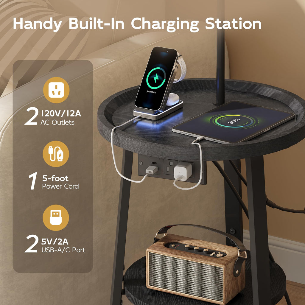 Floor Lamp with Table, Round Side Table with Charging Station Black