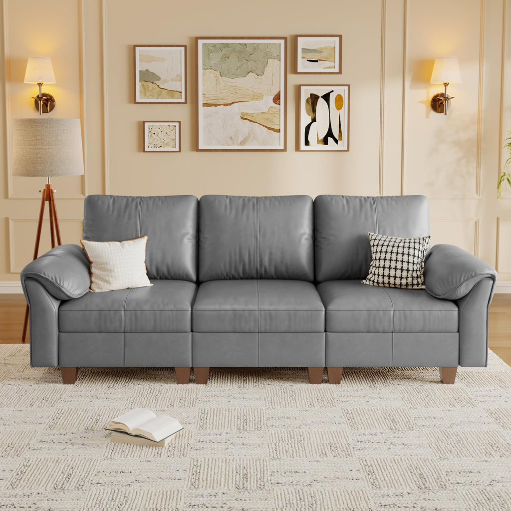 Faux Leather Sectional Couch, 3 Seater Sofa, Gray