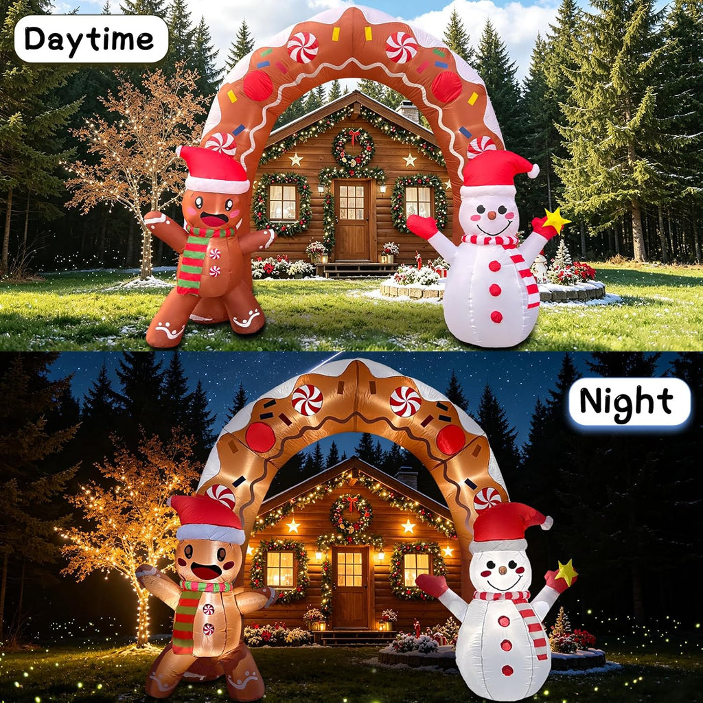 10.5FT Christmas Inflatable Archway, Blow Up Arch with Waving Cute Gingerbread Man with Santa Hat & Scarf and Lovely