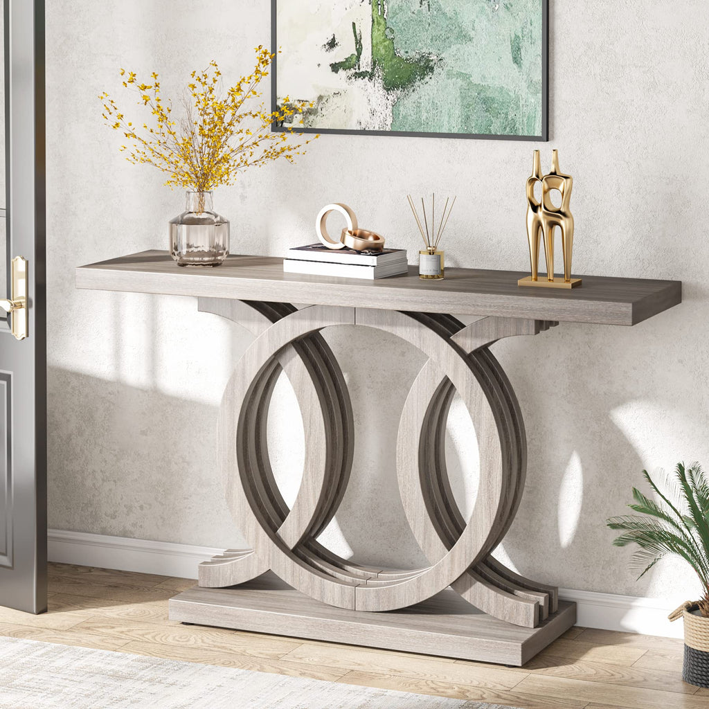 55 inches Console Table with Geometric Base, Farmhouse Hallway Table, Wooden Entryway Sofa Table, Unique Long Accent
