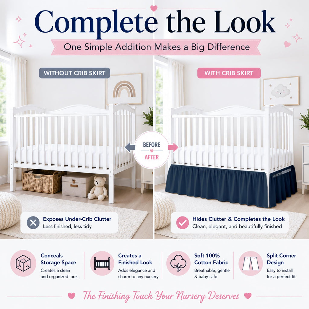 Cotton Crib Bed Skirt Dust Ruffle with Split Corners, 14" Drop, Navy Blue