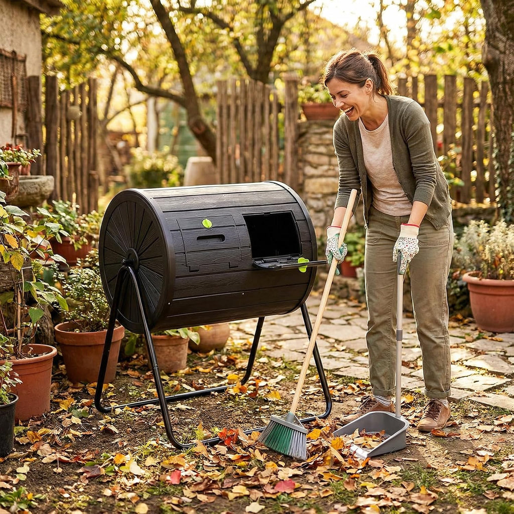 37.5 Gallon Outdoor Dual Chamber Compost Tumbler, Black | BPA-Free Rotating Composter with 2 Lockable Doors, Easy