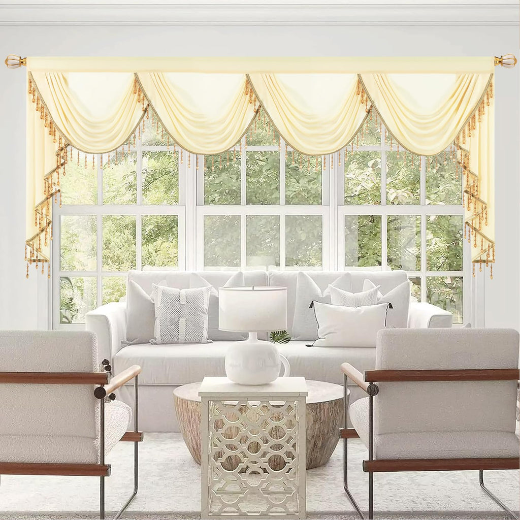 Extra Wide Waterfall Valance, Lightweight Silky Sheer Curtain Window Treatment, Soft Touch Voile Swag Drapes, W110