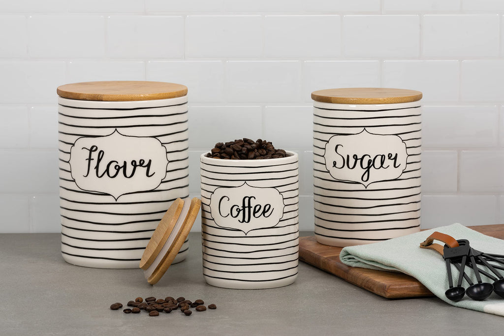 Labeled Ceramic Kitchen Canister Set, Set of 3, Coffee Sugar Flour, White/Black, Bamboo Lids